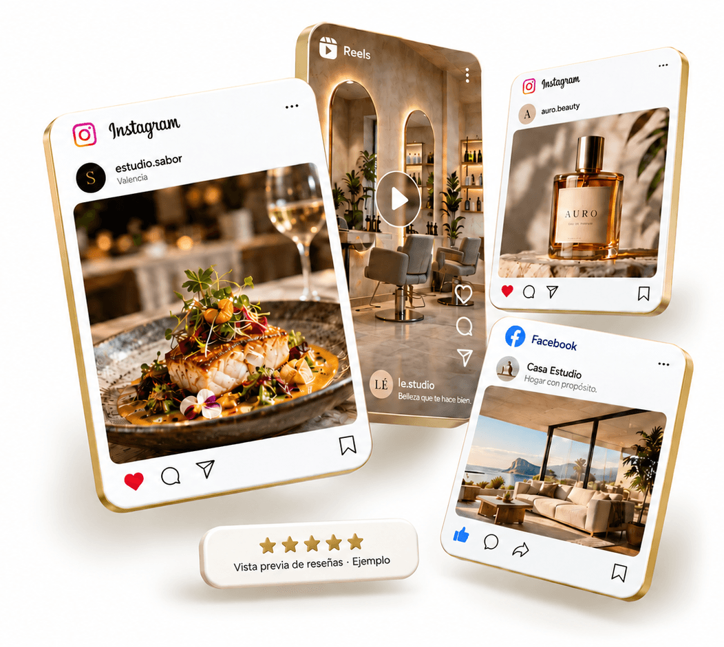 Publicaciones de ejemplo en Instagram, un reel y una publicación de Facebook para negocios de restauración, belleza e interiorismo, con una vista previa de reseñas.